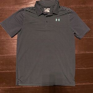 Under Armour, YXL, collared golf shirt, navy and lime green stripes